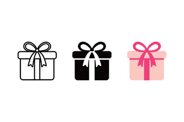 Gift Box with Ribbon Icon Set: Line, Solid Black, and Pink Color for Celebration and Surprise