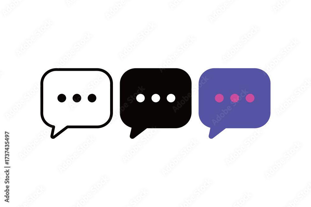 Wall mural Three Dot Ellipsis in Speech Bubble Icon Set - Outline, Solid, and Colorful Styles for Typing Status Indicator