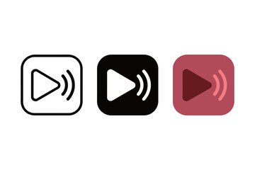 Play Button with Sound Icon Set: Outline, Solid, and Color for Video, Audio, and Media Streaming