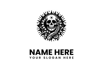Ornate Skull with Floral Halo and Skeletal Hand Holding a Flower.