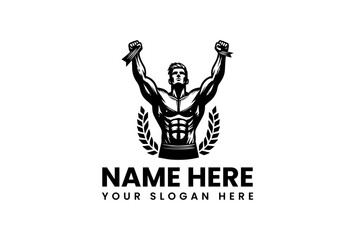 Muscular Man with Raised Fists and Laurel Wreath in Monochrome Logo Design.