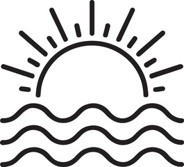 Minimal sun rising over ocean waves line style silhouette, symbol of beach, sea and nature.