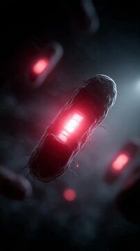 Floating red objects glow in a dark space creating a mysterious atmosphere in this captivating visual experience