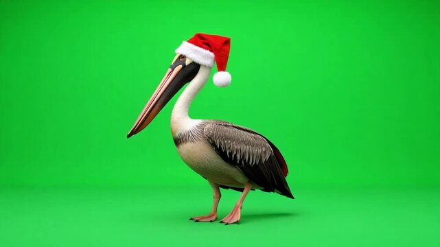 Festive Pelican Walkcycle in 4K! Get your Santa hat-wearing avian friend on a green screen for holiday fun, perfect for quirky Christmas greetings