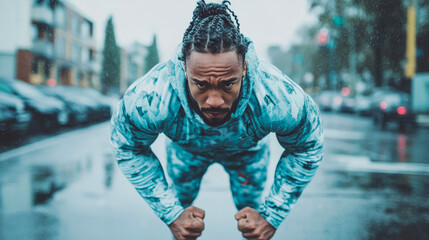 Intense and determined athletic man in patterned tracksuit ready to conquer challenge of rainy urban street workout, showcasing raw power and focus.
