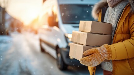 Delivery person holding stack of packages in front of a white van on a snowy street at sunset