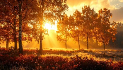 Fototapeta premium Autumnal Sunrise Illuminating a Grove of Birch Trees with Golden Sunlight Filtering Through the Branches in a Tranquil Woodland Setting