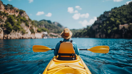 Back view of solo kayaker in straw hat and yellow life vest, paddling on calm blue waters surrounded by lush green mountains under bright sunny sky