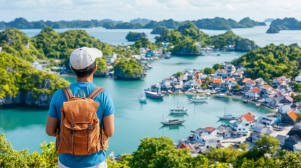 Solo traveler with backpack enjoys breathtaking panoramic vista of idyllic island seascape with charming coastal village and turquoise waters under clear sky