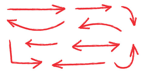 Hand drawn crayon movement arrow collection. Grunge squiggly arrow set. Pencil chalk lines sketch. Red brush scribble element set. Doodle vector illustration.