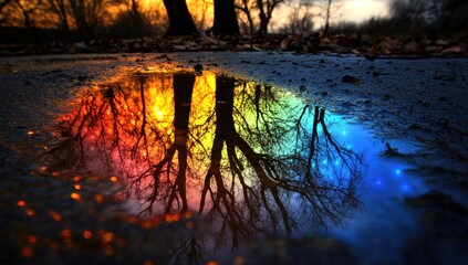 Vivid rainbow reflected in a puddle, silhouetted trees