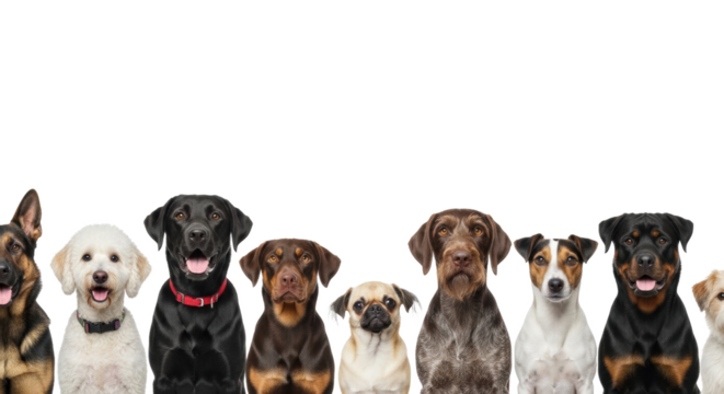 Eleven diverse dogs (German Shepherd, Labrador, Poodle, Chihuahua, Pug, Rottweiler, others) in a straight row on a transparent studio background, looking happy with open mouths at camera. Concept