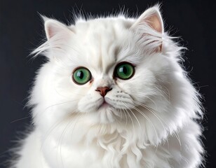 A fluffy white cat with vivid green eyes