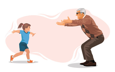 Senior man playing with adorable baby girl. Grandparents and grandchild leisure time concept. vector,illustration
