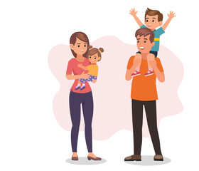 Happy family. Father, mother, son and daughter together. Vector illustration of a flat design