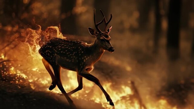 Terrified deer sprinting through smoky forest as wildfire encroaches, dramatic scene highlighting wildlife displacement, destruction of habitat and climate driven emergencies