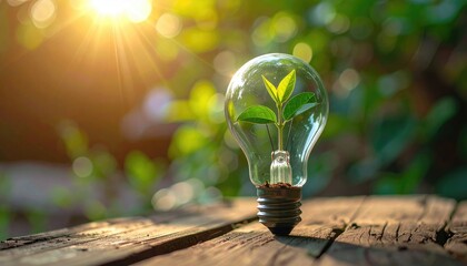 Lightbulb with a small green plant growing inside, on wooden table, natural light, symbol of creativity and growth