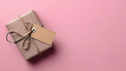 A small, simply wrapped gift with a blank tag sits on a pale pink background, leaving ample negative space to the right
