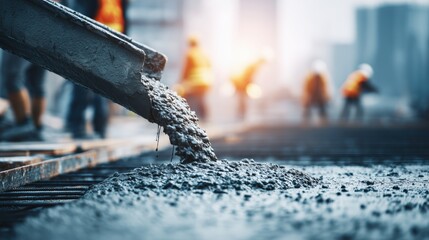 Wet concrete pouring from a chute onto a construction foundation with blurred workers in the background