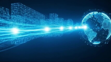 Abstract digital stream of binary code data flowing towards a glowing blue earth globe, representing global network connectivity and technology - Powered by Adobe
