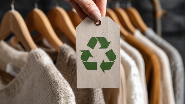 Hand holding a clothing tag with a green recycling symbol over a rack of sustainable apparel
