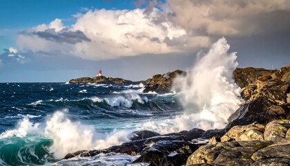 Obraz premium Dramatic ocean waves crashing on rocky shore with lighthouse