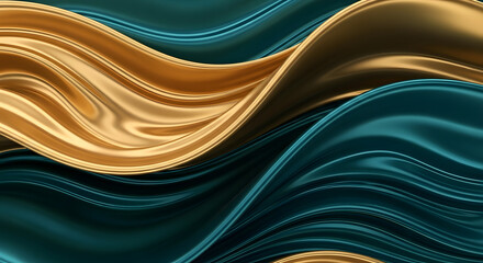 Abstract flowing gold and teal fabric waves background with smooth texture.