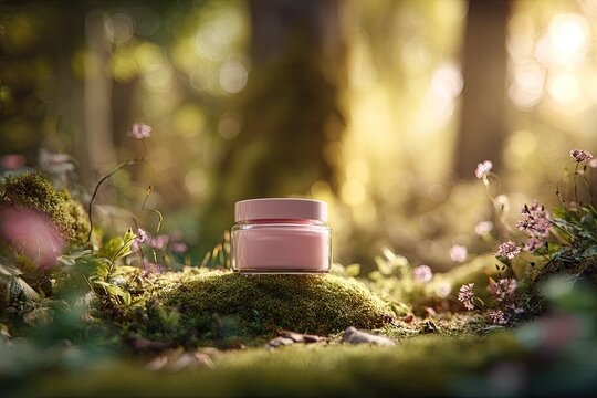 Pink jar of cream sits on moss in sun-dappled forest, surrounded by wildflowers and greenery