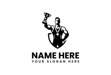 Silhouette of a muscular athlete holding a trophy wearing a medal and standing in front of a shield.
