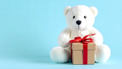 A soft, white teddy bear (or polar bear toy) sits holding a brown gift box tied with a red ribbon against a bright pastel blue background, perfect for Christmas or holiday greetings.