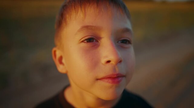 Little boy looking at sky and dreaming of future and flight, closeup portrait. Happy childhood, cute caucasian preschooler child walking alone in park adn admiring nature, good mood and dreams