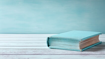 A light blue book rests on a whitewashed wooden surface against a pale blue background. The book appears aged, showing slight wear