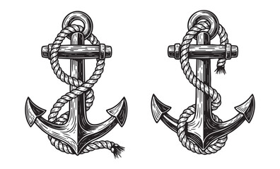  Nautical Anchor Vintage Ship Anchors Wrapped in Rope Engraving Set Element Illustration