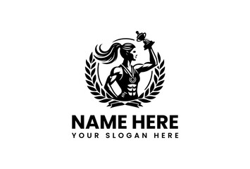 Silhouette of a muscular woman holding a trophy framed by a laurel wreath.