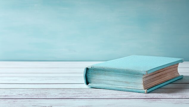 A light blue book rests on a whitewashed wooden surface against a pale blue background.  The book appears aged, showing slight wear