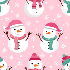 Cute Snowman Seamless Pattern on Pink Background with Winter Hat, Scarf, and Snowflakes, Christmas Holiday Design in Pastel Colors for Commercial Use