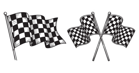 Waving Checkered Flag Engraving Finish Line Race Sport Symbol in Vintage Woodcut Style Illustration