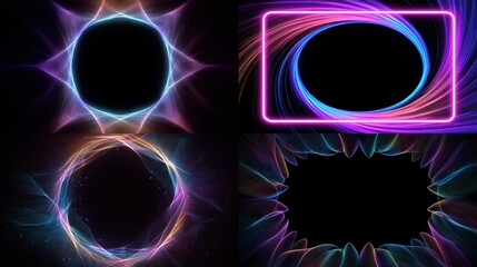 Four vibrant digital abstract illustrations feature glowing, geometric frames with blank black centers