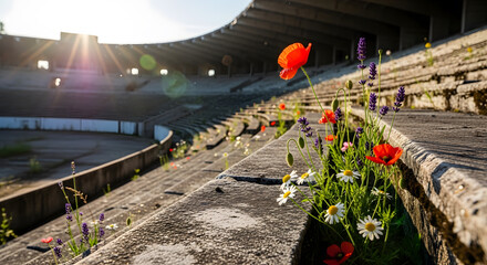 Wildflowers blooming in the decaying concrete stands of an abandoned stadium under a bright sun.