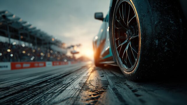 A close-up of a racing car tire on a track during sunset with blurred grandstands and a crowd in the background.