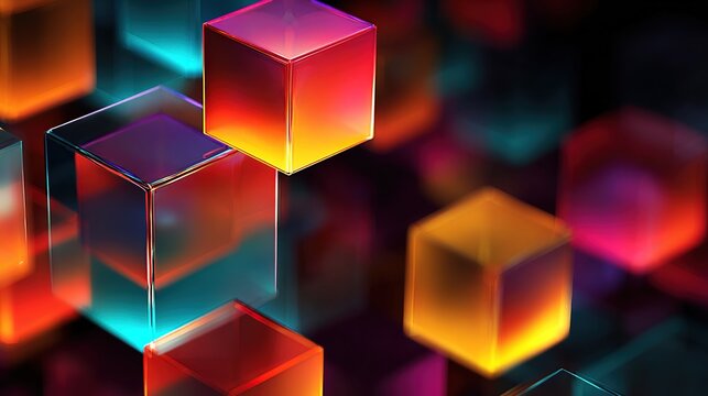 Vibrant, transparent cubes float and overlap with radiant colors of red, orange, blue, and purple