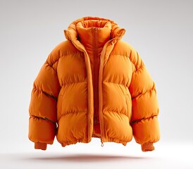 A vibrant orange puffer jacket, oversized and boxy, features a high neck and a full zip closure.  The jacket is shown against a plain white background, seemingly floating