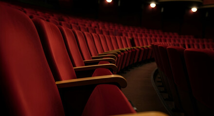 Empty auditorium with rows of red velvet seats, awaiting a performance.