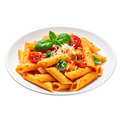  Penne alla Vodka pasta in a pink tomato cream sauce isolated on white background, italian food collection 