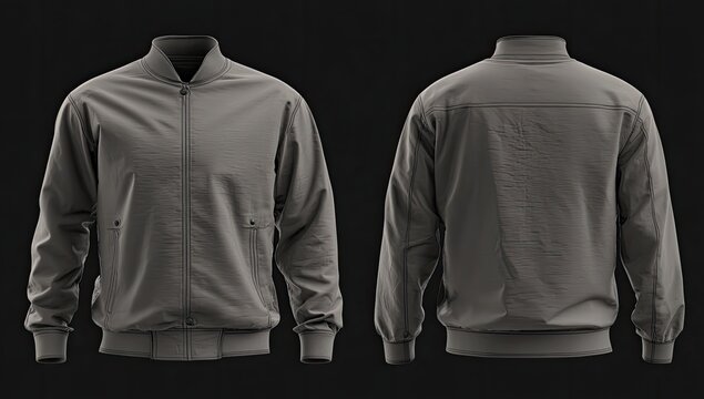 A dark grey bomber jacket, shown front and back, features a ribbed collar and cuffs, a zipper closure, and simple design