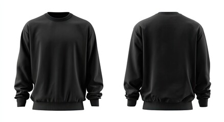 A plain black crewneck sweatshirt shown from front and back, isolated on a white background.  The sweatshirt has long sleeves and a ribbed hem and cuffs