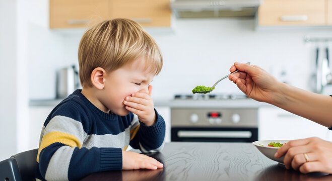 A young child grimaces while refusing to eat green food from a spoon offered by an adult. picky eaters