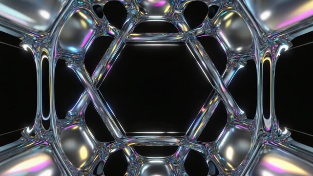 Abstract chrome structure with iridescent reflections against a black background view abstract geometric background patterns video