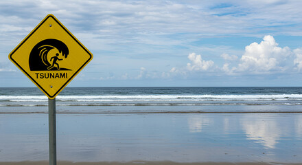 A yellow tsunami warning sign stands on a beach with the ocean and sky in the background.