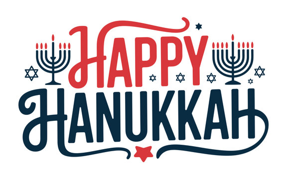 A festive happy hanukkah greeting with menorahs and stars of david in red and blue hues